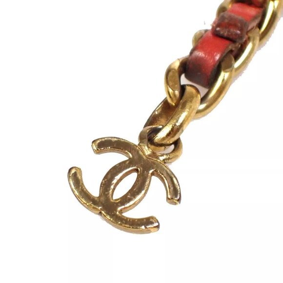 CHANEL CC Logo Charm Chain Belt 01S Leather Red Gold France Accessory - Picture 4 of 9